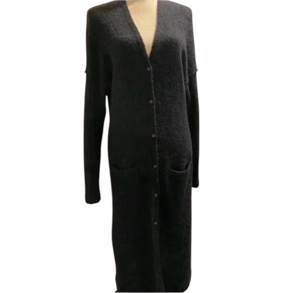 Womens Black Dress Midi Cardigan Dress buttons acrylic poly mohair wool blend M